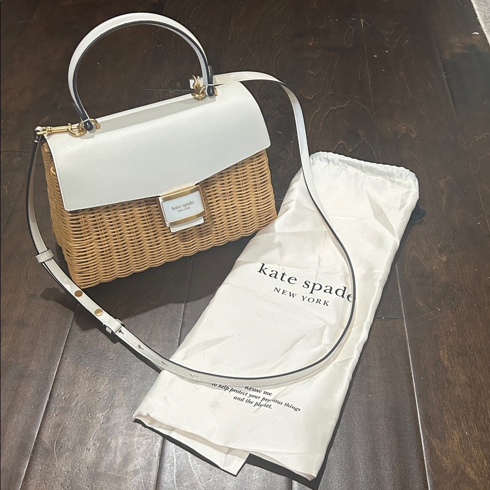 Kate Spade White Leather and Tan Wicker Bag